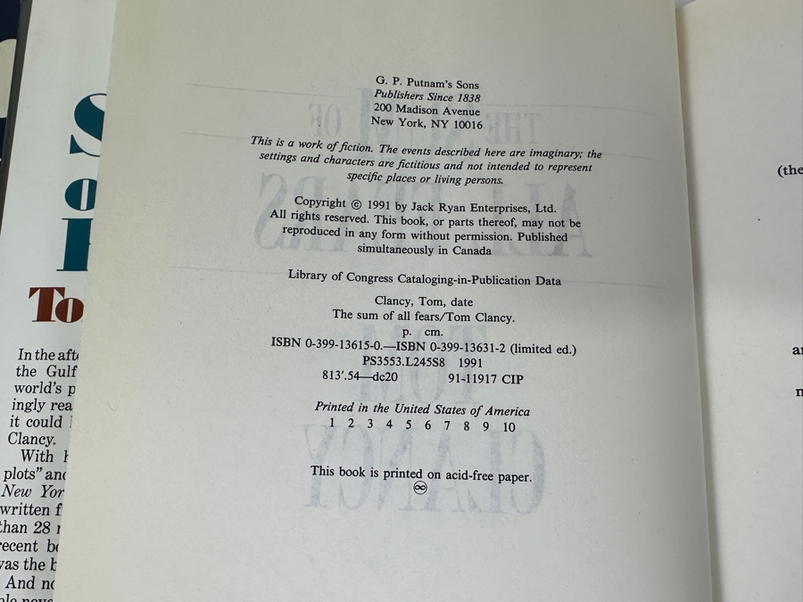Just Added - Pair Of First Edition Hardcover Tom Clancy Books: Patriot Games & The Sum Of All Fears [Photo 7]