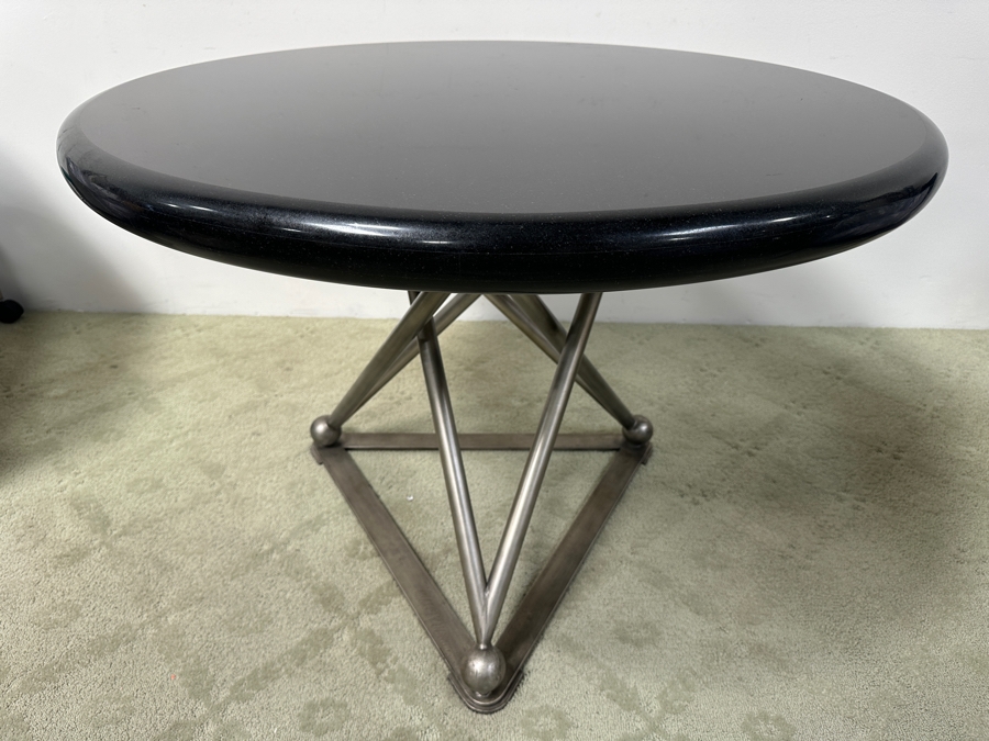 Just Added - Luxury Designer Modernist Dining Table With Geometric Steel Base And Round Black Marble Top 41'W X 30.5'H [Photo 4]