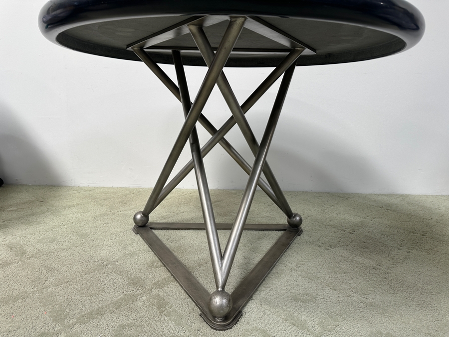 Just Added - Luxury Designer Modernist Dining Table With Geometric Steel Base And Round Black Marble Top 41'W X 30.5'H [Photo 7]