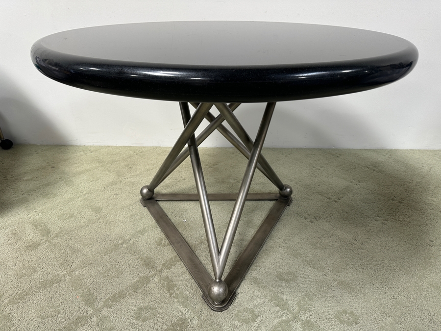 Just Added - Luxury Designer Modernist Dining Table With Geometric Steel Base And Round Black Marble Top 41'W X 30.5'H [Photo 3]