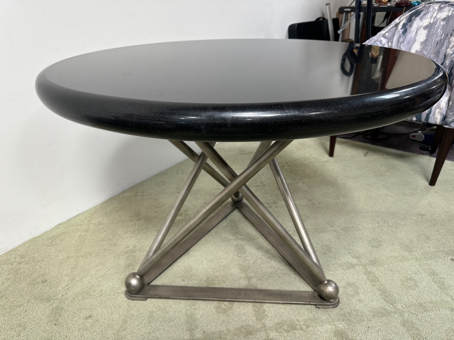 Just Added - Luxury Designer Modernist Dining Table With Geometric Steel Base And Round Black Marble Top 41'W X 30.5'H [Photo 10]