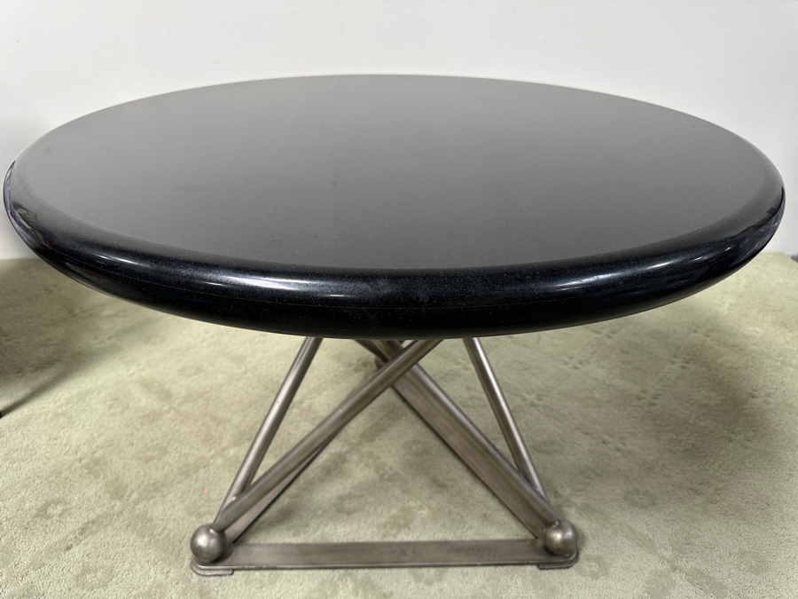 Just Added - Luxury Designer Modernist Dining Table With Geometric Steel Base And Round Black Marble Top 41'W X 30.5'H [Photo 11]