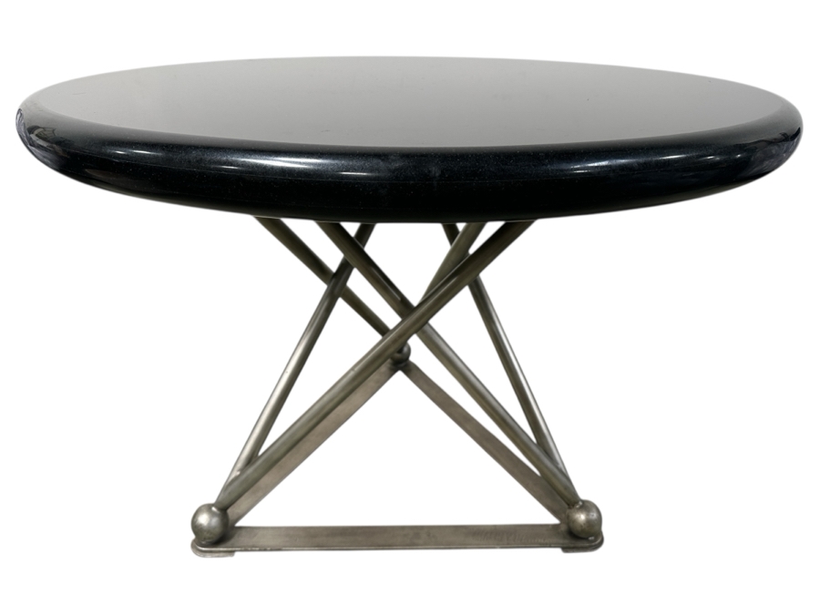 Just Added - Luxury Designer Modernist Dining Table With Geometric Steel Base And Round Black Marble Top 41'W X 30.5'H