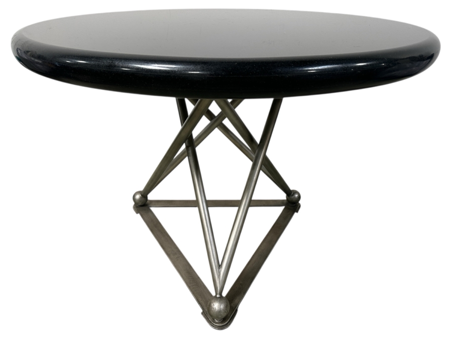 Just Added - Luxury Designer Modernist Dining Table With Geometric Steel Base And Round Black Marble Top 41'W X 30.5'H [Photo 2]