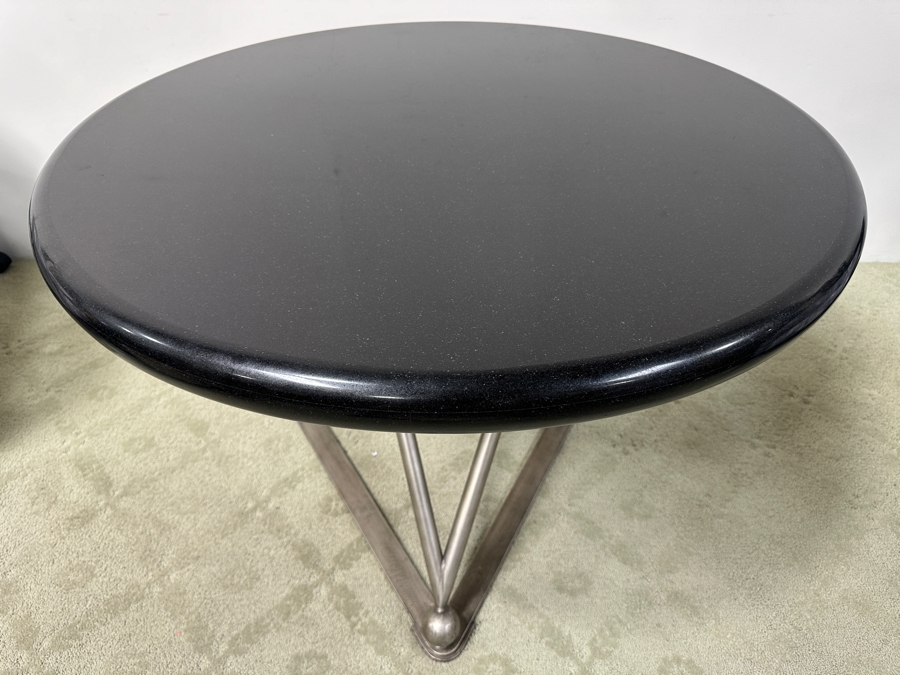 Just Added - Luxury Designer Modernist Dining Table With Geometric Steel Base And Round Black Marble Top 41'W X 30.5'H [Photo 5]