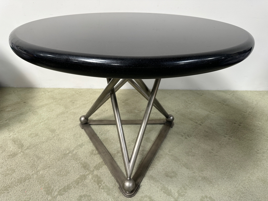 Just Added - Luxury Designer Modernist Dining Table With Geometric Steel Base And Round Black Marble Top 41'W X 30.5'H [Photo 6]