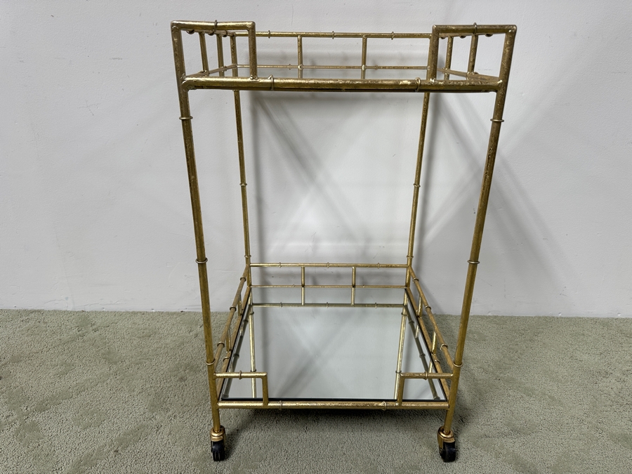 Gold Tone Metal Bamboo Motif 2-Tier Bar Cart On Casters 18W X 18D X 30H [Photo 2]