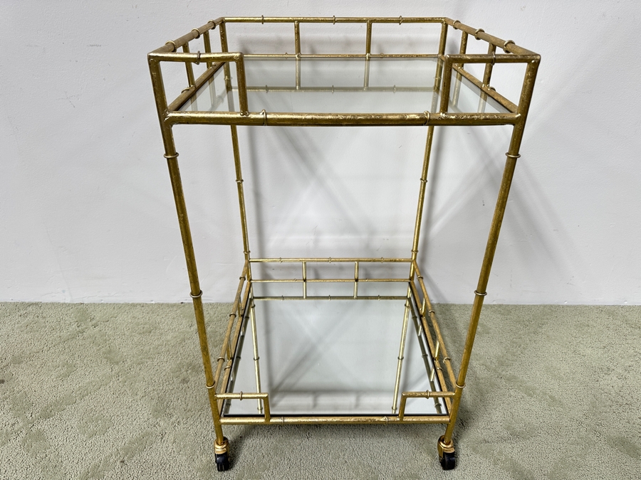 Gold Tone Metal Bamboo Motif 2-Tier Bar Cart On Casters 18W X 18D X 30H [Photo 4]