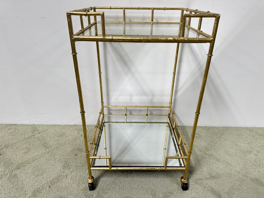 Gold Tone Metal Bamboo Motif 2-Tier Bar Cart On Casters 18W X 18D X 30H [Photo 3]