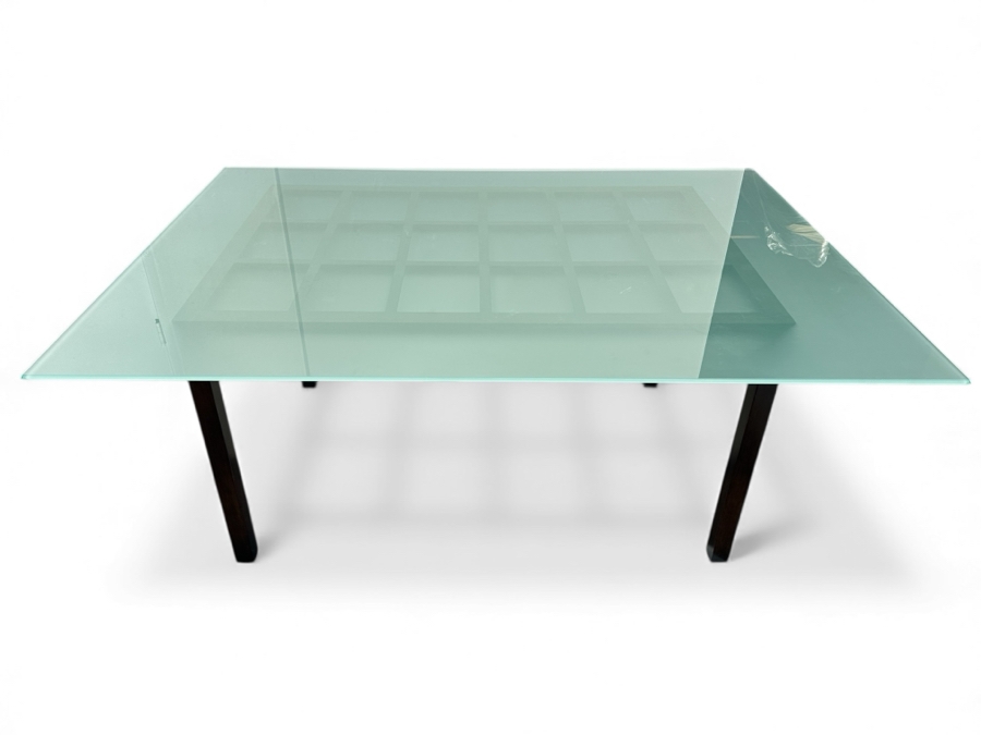 Stained Dark Brown Wooden Grid Dining Table with Frosted Glass Top 72'W x 52'D x 30.5'H