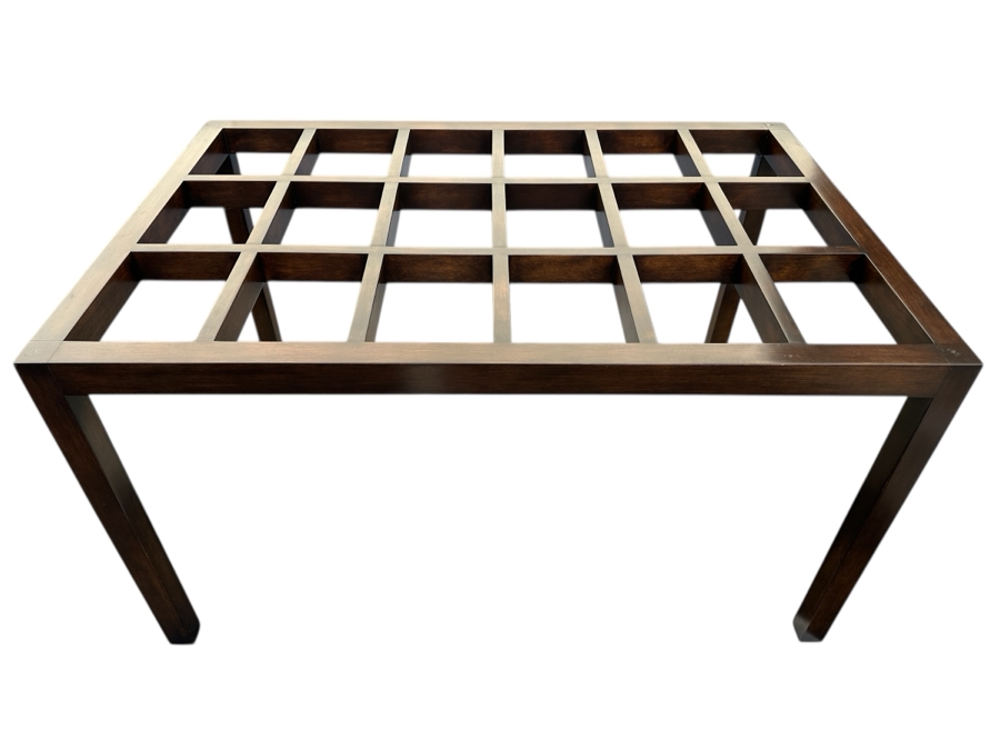 Stained Dark Brown Wooden Grid Dining Table with Frosted Glass Top 72'W x 52'D x 30.5'H [Photo 2]