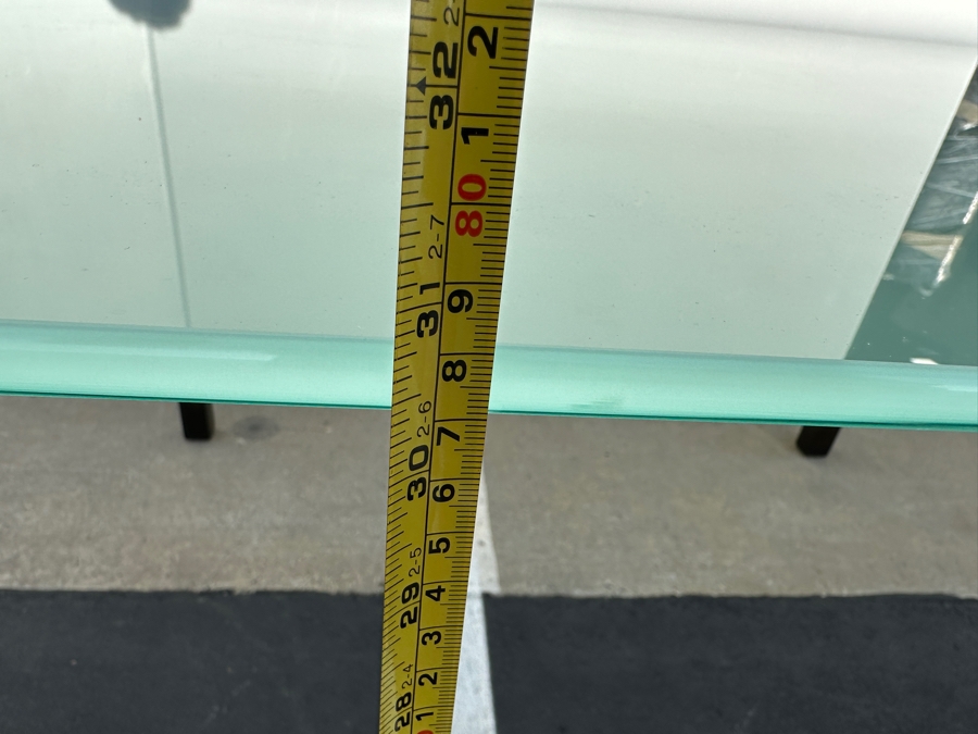 Stained Dark Brown Wooden Grid Dining Table with Frosted Glass Top 72'W x 52'D x 30.5'H [Photo 5]