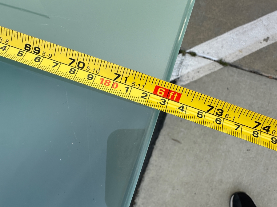 Stained Dark Brown Wooden Grid Dining Table with Frosted Glass Top 72'W x 52'D x 30.5'H [Photo 3]
