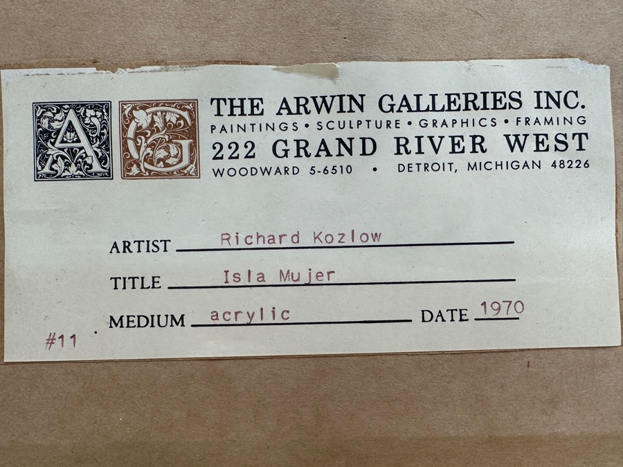 Richard Kozlow (American, 1926-2008) Acrylic on Canvas Titled 'Isla Mujer' 1970 7' x 9' Framed: 12.5' x 14' [Photo 10]