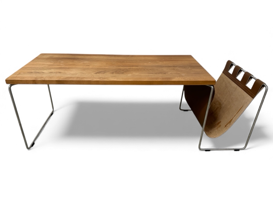 DWR Index Table with Integrated Magazine Holder Solid Walnut Tabletop, Stainless Frame and Leather Pouch 45.5'W x 16'D x 16'H Retail $895