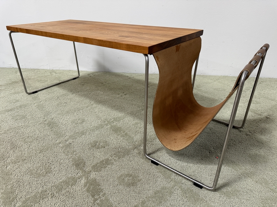 DWR Index Table with Integrated Magazine Holder Solid Walnut Tabletop, Stainless Frame and Leather Pouch 45.5'W x 16'D x 16'H Retail $895 [Photo 2]