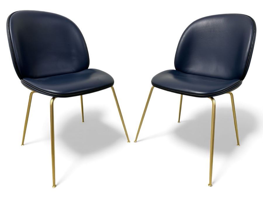 Set of (12) GUBI Navy Leather Beetle Chairs with Brass Metal Base (Only Showing 2 Of The 12 In The Photos) Retail $19,188 ($1,599 Per Chair)