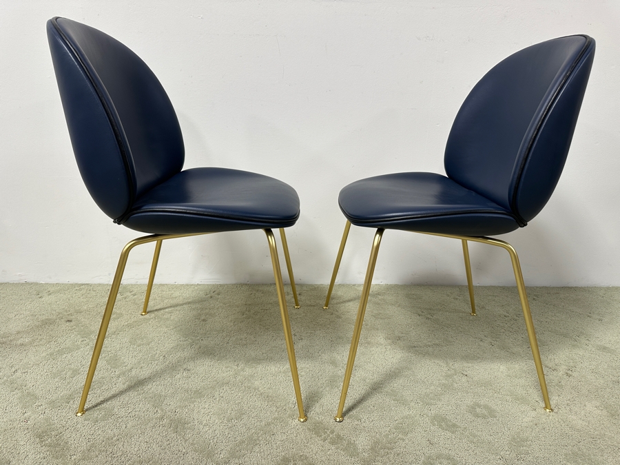 Set of (12) GUBI Navy Leather Beetle Chairs with Brass Metal Base (Only Showing 2 Of The 12 In The Photos) Retail $19,188 ($1,599 Per Chair) [Photo 6]