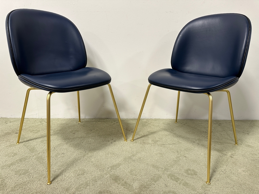 Set of (12) GUBI Navy Leather Beetle Chairs with Brass Metal Base (Only Showing 2 Of The 12 In The Photos) Retail $19,188 ($1,599 Per Chair) [Photo 4]