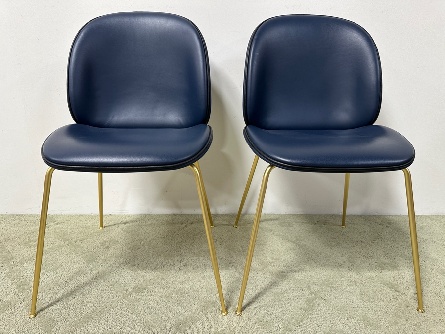 Set of (12) GUBI Navy Leather Beetle Chairs with Brass Metal Base (Only Showing 2 Of The 12 In The Photos) Retail $19,188 ($1,599 Per Chair) [Photo 2]