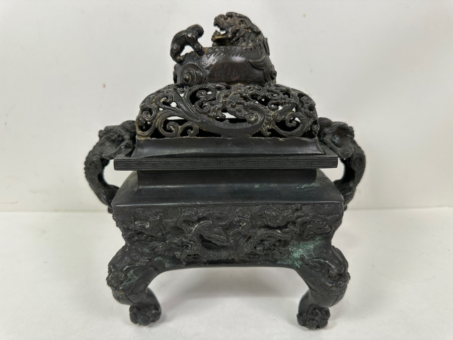 Just Added - Vintage Chinese Bronze Censor Signed Underneath With Foo Dog Finial 9W X 6D X 9.5H [Photo 7]