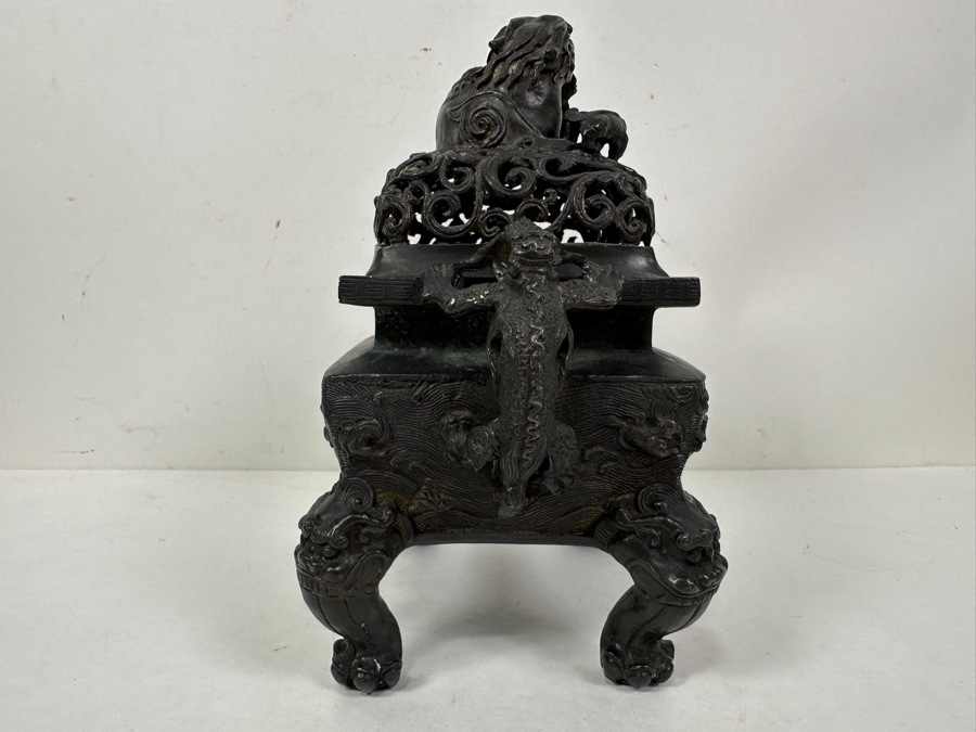 Just Added - Vintage Chinese Bronze Censor Signed Underneath With Foo Dog Finial 9W X 6D X 9.5H [Photo 6]