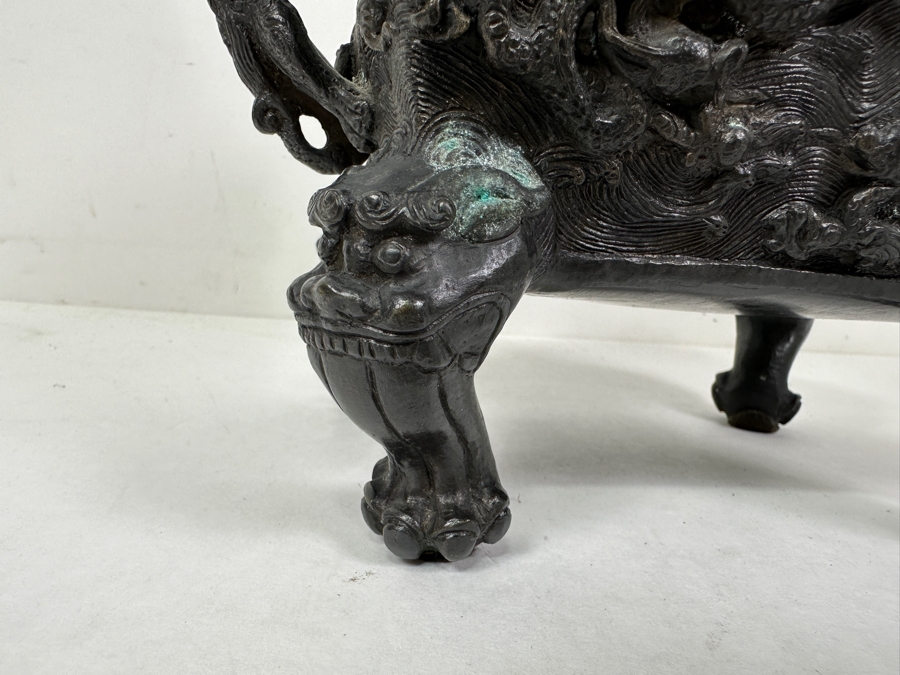 Just Added - Vintage Chinese Bronze Censor Signed Underneath With Foo Dog Finial 9W X 6D X 9.5H [Photo 4]