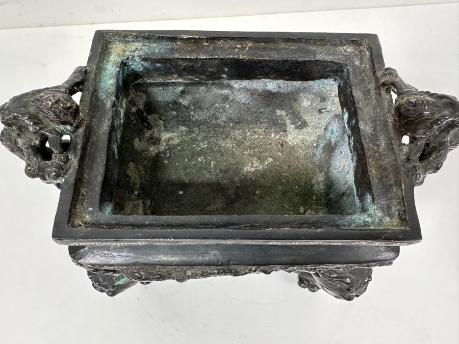 Just Added - Vintage Chinese Bronze Censor Signed Underneath With Foo Dog Finial 9W X 6D X 9.5H [Photo 10]