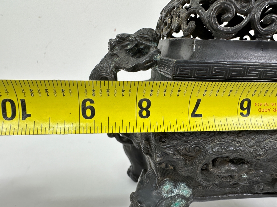 Just Added - Vintage Chinese Bronze Censor Signed Underneath With Foo Dog Finial 9W X 6D X 9.5H [Photo 15]