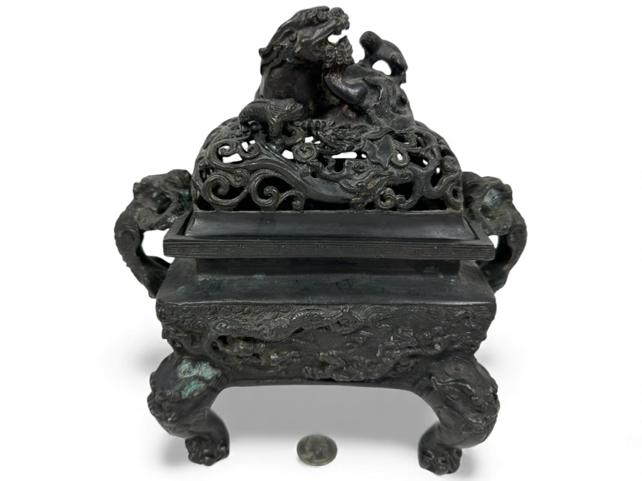 Just Added - Vintage Chinese Bronze Censor Signed Underneath With Foo Dog Finial 9W X 6D X 9.5H