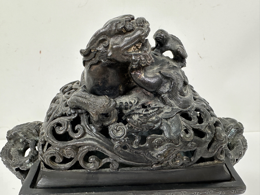 Just Added - Vintage Chinese Bronze Censor Signed Underneath With Foo Dog Finial 9W X 6D X 9.5H [Photo 2]
