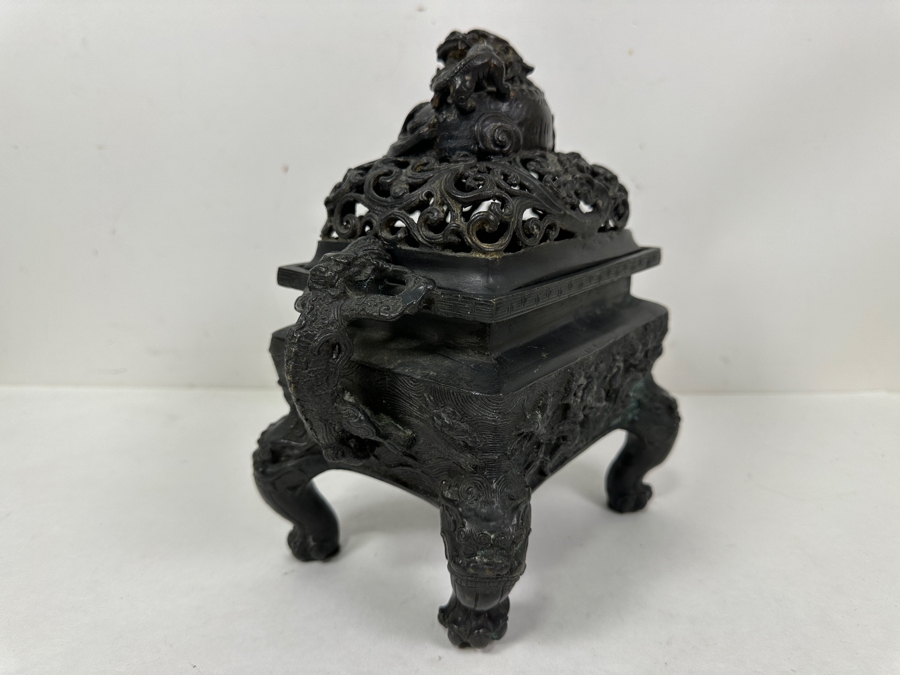 Just Added - Vintage Chinese Bronze Censor Signed Underneath With Foo Dog Finial 9W X 6D X 9.5H [Photo 8]
