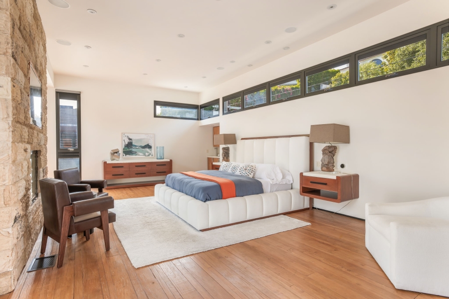 Just Added - Kreiss Malibu Upholstered King Size Bed With French Walnut Stain Finish On Frame (Includes Mattress) Retails $9,250 [Photo 2]