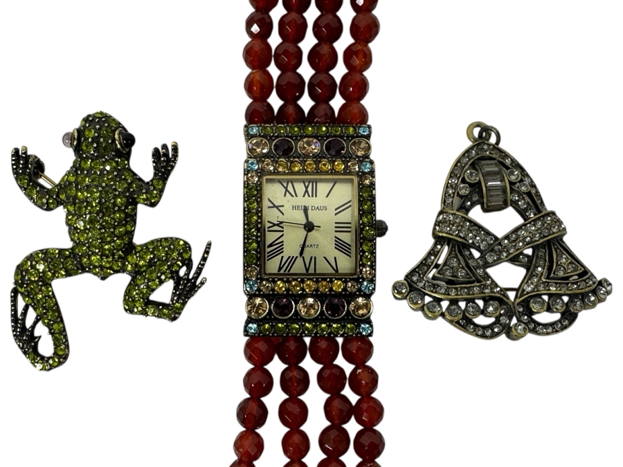 Heidi Daus Jewelry: (1) Quartz Watch And (2) Brooches Pins
