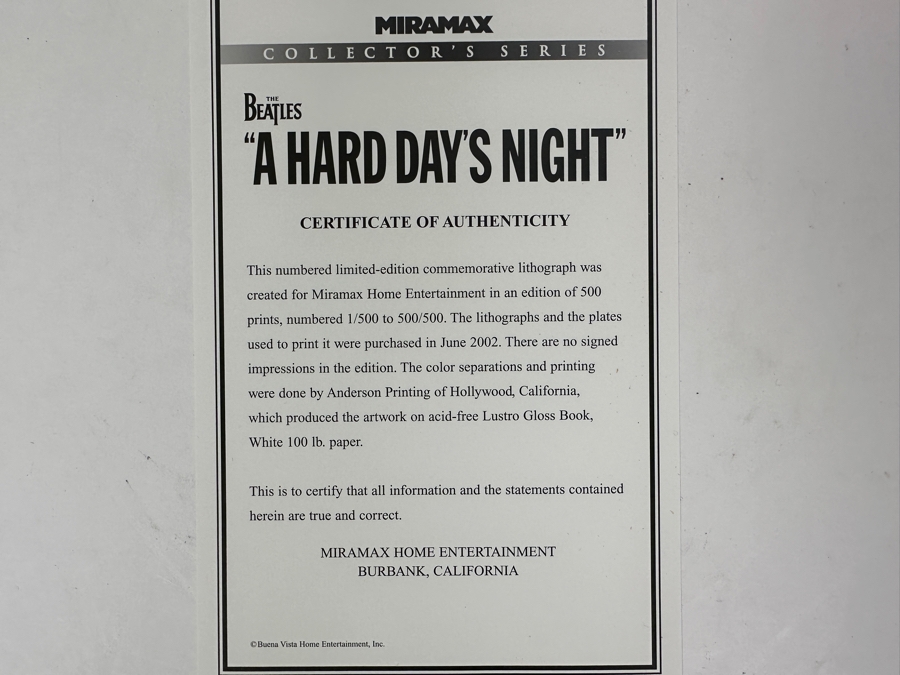 Limited Edition Miramax Collector's Series Shadowbox Framed The Beatles 'A Hard Day's Night' Limited Edition Commemorative Lithograph With Movie Dvds Numbered 253 Of 500 13' X 16' [Photo 10]