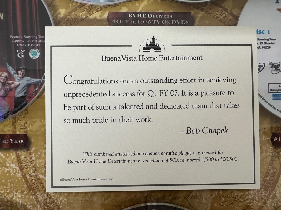 Buena Vista Home Entertainment Limited Edition Commemorative Numbered 123/500 With Dvds Of Disney Pixar Cars, Walt Disney's Pirates Of The Caribbean, The Chronicles Of Narnia, The Little Mermaid, High School Musical, Lost & Grey's Anatomy 18.5 X 19.5 [Photo 13]