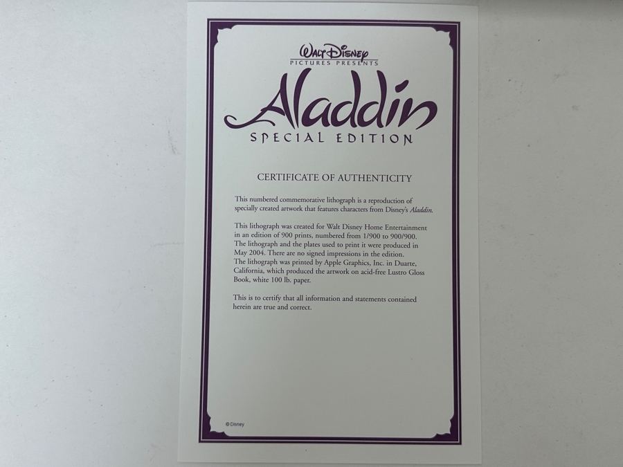 Limited Edition Walt Disney Aladdin Special Edition Lithograph Numbered 90 Of 900 10 X 9 [Photo 7]