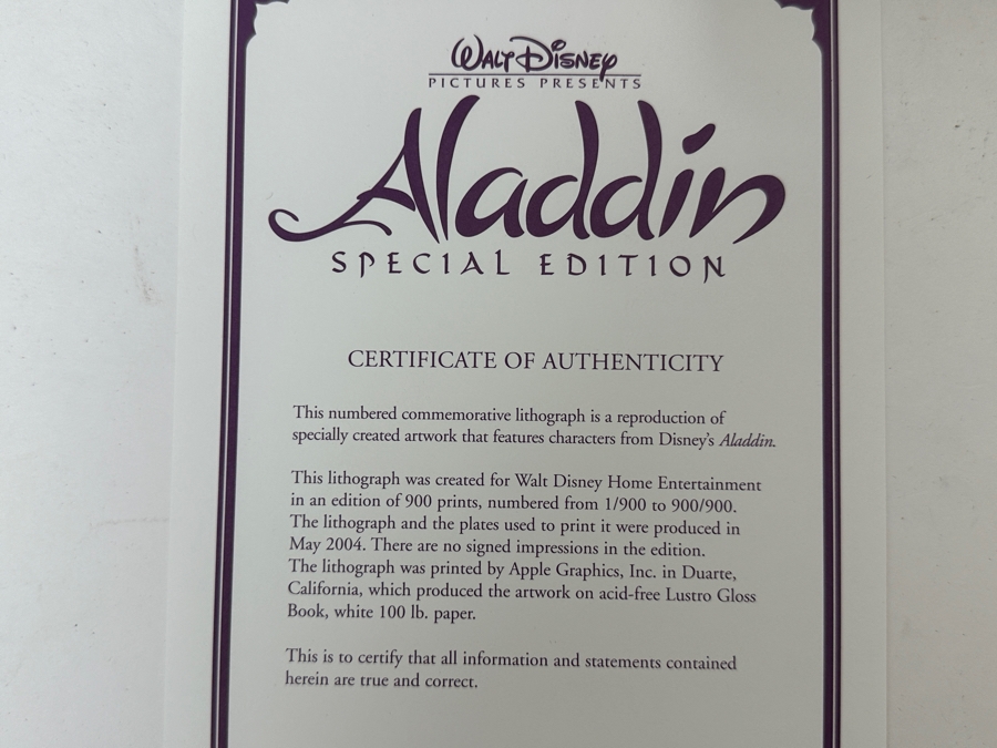 Limited Edition Walt Disney Aladdin Special Edition Lithograph Numbered 90 Of 900 10 X 9 [Photo 8]