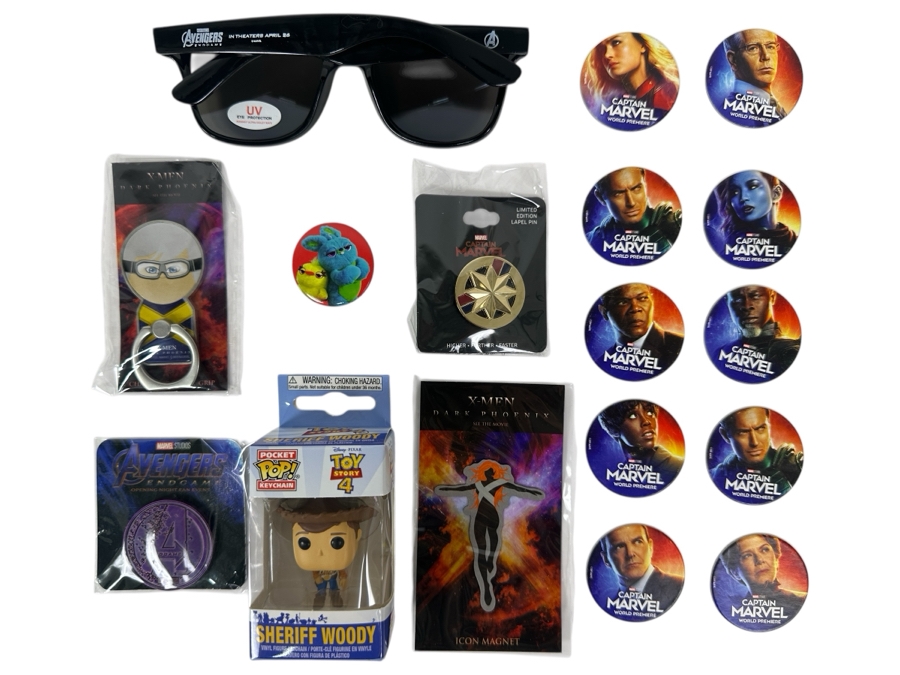 Marvel/Disney Collection Including Captain Marvel Limited Edition Lapel Pin, X-Men Dark Phoenix Keychain, Toy Story 4 Sheriff Woody Pocket Pop Keychain & More