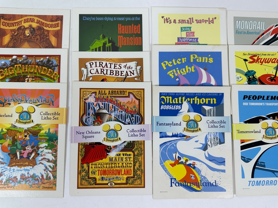 (5) 50 Year Anniversary Of Disneyland Collectible Lithograph Litho Sets For: Adventureland, Frontierland, New Orleans Square, Fantasyland And Tomorrowland 5' X 7' [Photo 3]