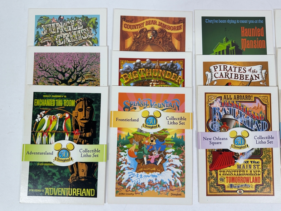 (5) 50 Year Anniversary Of Disneyland Collectible Lithograph Litho Sets For: Adventureland, Frontierland, New Orleans Square, Fantasyland And Tomorrowland 5' X 7' [Photo 2]