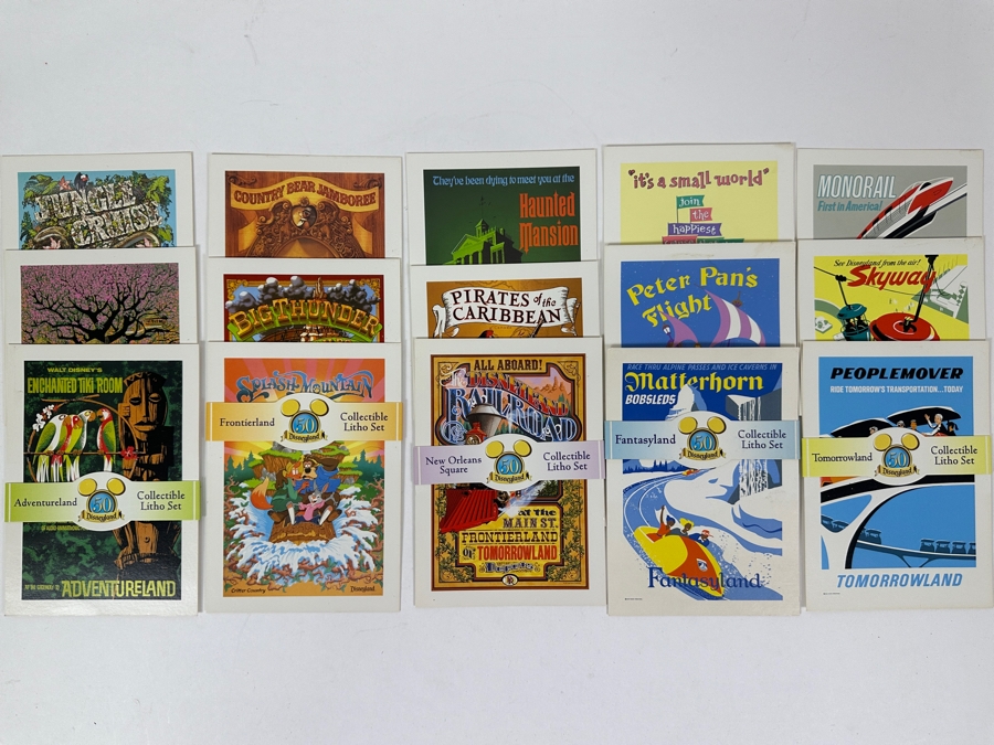 (5) 50 Year Anniversary Of Disneyland Collectible Lithograph Litho Sets For: Adventureland, Frontierland, New Orleans Square, Fantasyland And Tomorrowland 5' X 7' [Photo 5]