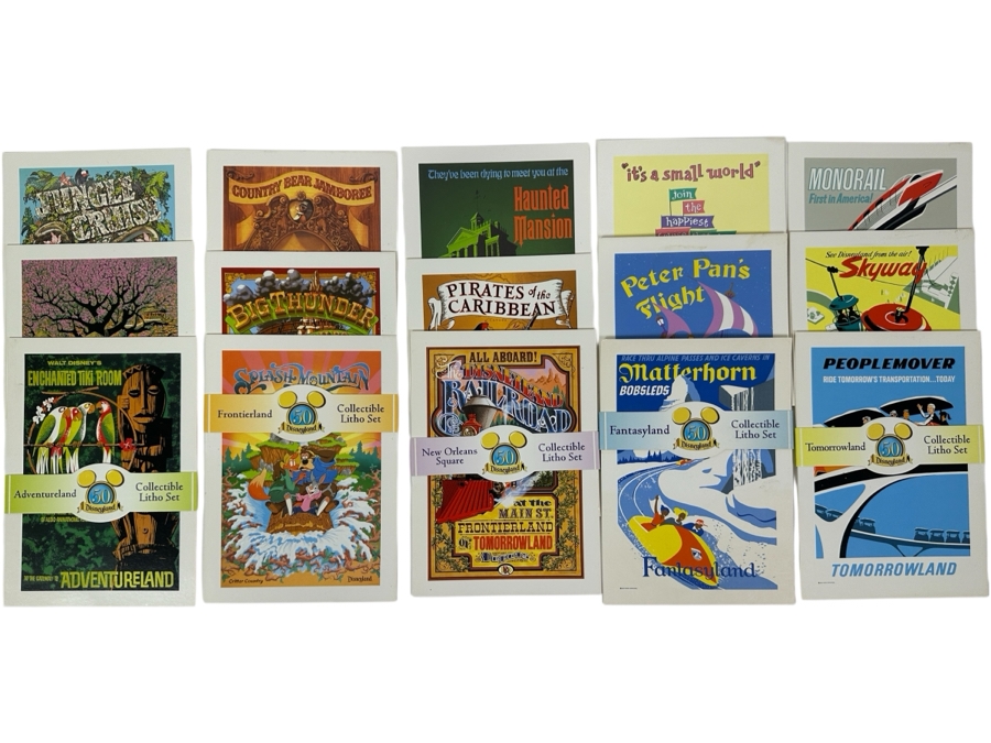 (5) 50 Year Anniversary Of Disneyland Collectible Lithograph Litho Sets For: Adventureland, Frontierland, New Orleans Square, Fantasyland And Tomorrowland 5' X 7'