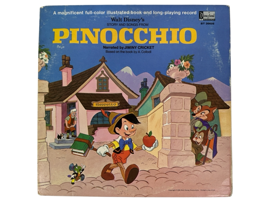 Vintage 1969 Walt Disney's Pinocchio Disneyland Vinyl Record With Illustrated Book ST 3905