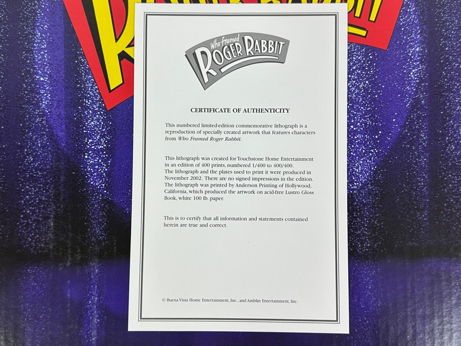 Vintage 2002 Movie Promotional Limited Edition Commemorative Lithograph Of Who Framed Roger Rabbit Numbered 57 Of 400 13' X 16' With Original Box [Photo 7]