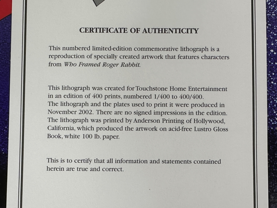 Vintage 2002 Movie Promotional Limited Edition Commemorative Lithograph Of Who Framed Roger Rabbit Numbered 57 Of 400 13' X 16' With Original Box [Photo 8]