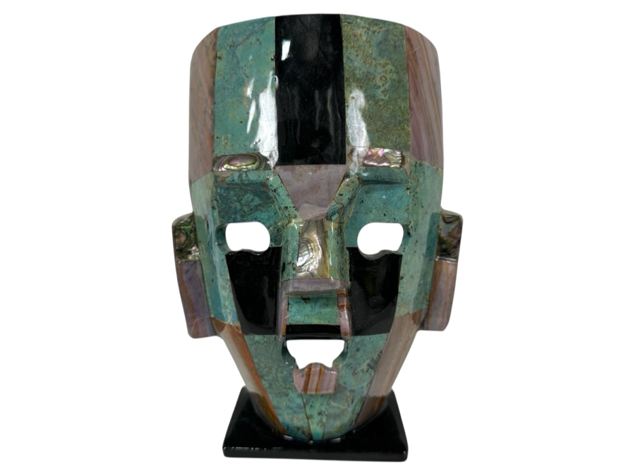 Decorative Mayan Aztec Inspired Mosaic Polished Stone & Shell Mexican Death Mask 6.5W X 8.5H