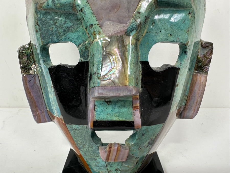 Decorative Mayan Aztec Inspired Mosaic Polished Stone & Shell Mexican Death Mask 6.5W X 8.5H [Photo 2]