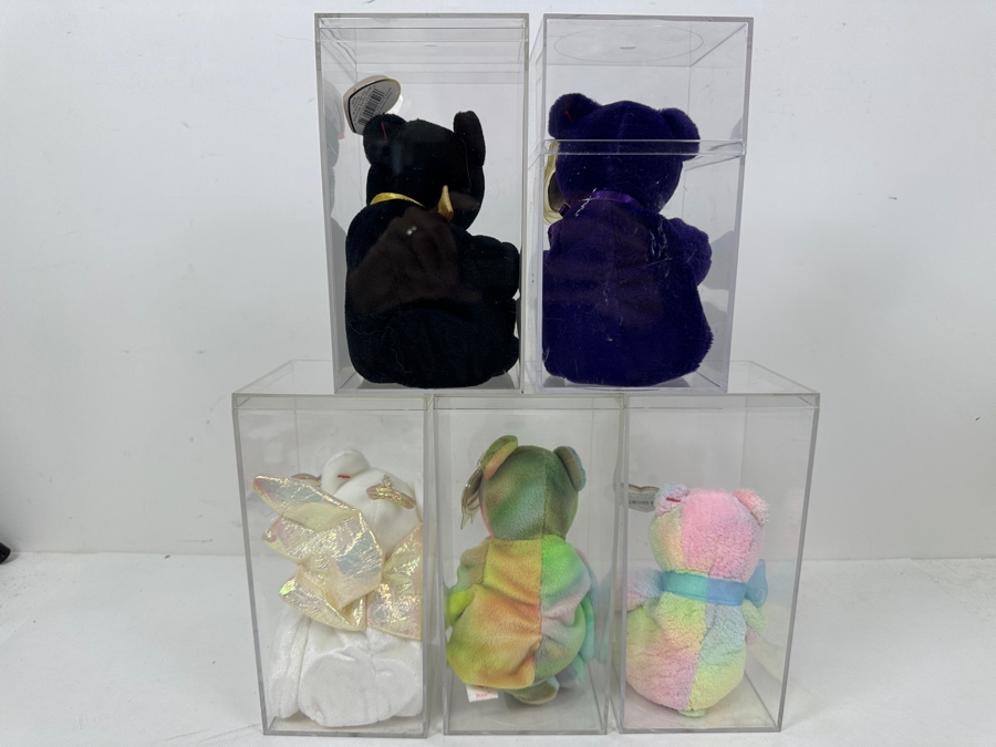 (5) Beanie Baby Collection Featuring: Princess Diana Bear, 'The End' Bear, Mellow The Bear, Peace Bear & Halo The Angel Bear - All With Ty Heart Tags And Acrylic Display Cases [Photo 8]