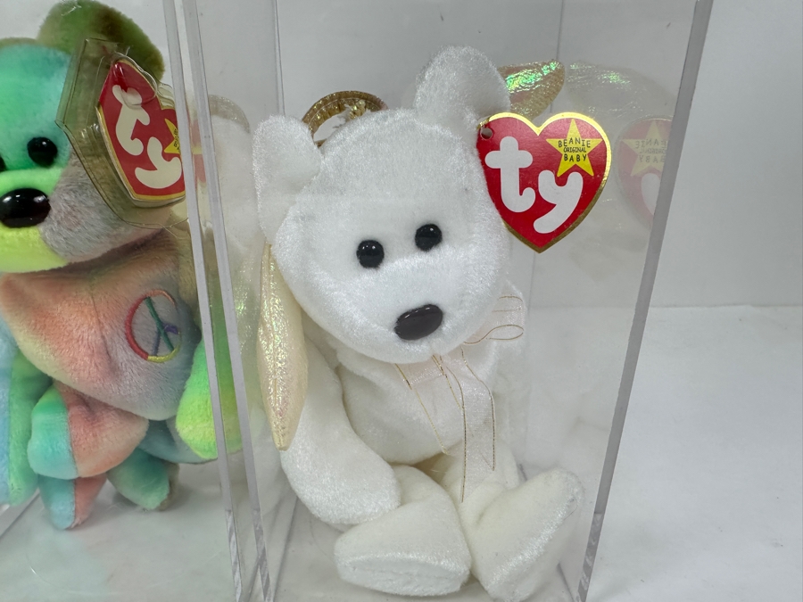 (5) Beanie Baby Collection Featuring: Princess Diana Bear, 'The End' Bear, Mellow The Bear, Peace Bear & Halo The Angel Bear - All With Ty Heart Tags And Acrylic Display Cases [Photo 5]